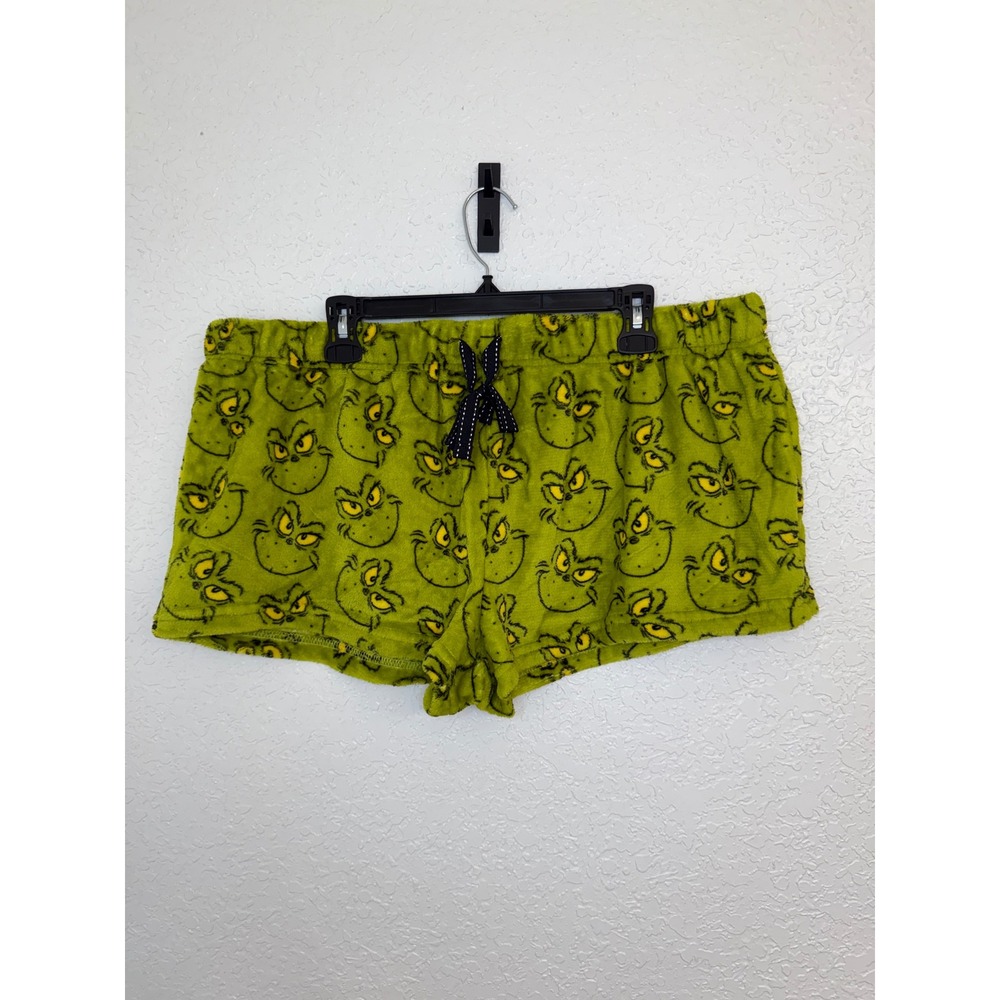 The Grinch Dr Seuss Womens XL Pajama Shorts Lime‎ Green Plush Fleece Holiday